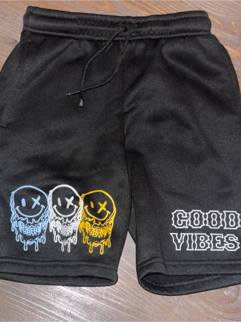 Black 'Good Vibes' Graphic kids Shorts - Smiley Skull Print